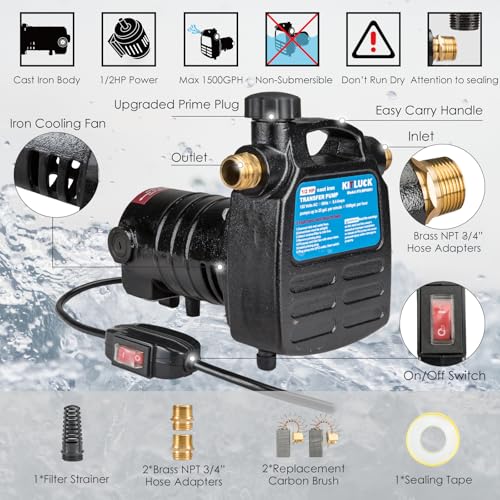 Water Transfer Pump, KITLUCK 120V 1/2 HP 1500GPH Cast Iron Portable Electric Utility Water Pump, Heavy Duty High Pressure Transfer Pump with ON/OFF Switch, Suction Strainer and Brass Connectors - style: 1/2HP