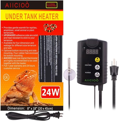 Aiicioo Under Tank Heater Thermostat - Reptile Heating Pad with Temperature Control Reptile Heat Mat for Combo Set for Hermit Crab Lizard Terrarium 24W - size: 8" X 18"(24W) with Thermostat