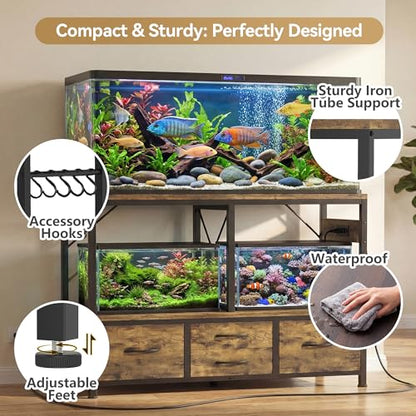 Heybly 55-75 Gal Fish Tank Stand with Drawer, Power Outlet, Rustic HAS005SR | Aquarium Stand, Heavy Duty, for Fish Tank, Turtle & Reptile Terrarium, 48" L × 18.1" Top, 660lbs (Top)+400lbs(Mid) - color: Rustic Brown, size: 55-75 gal