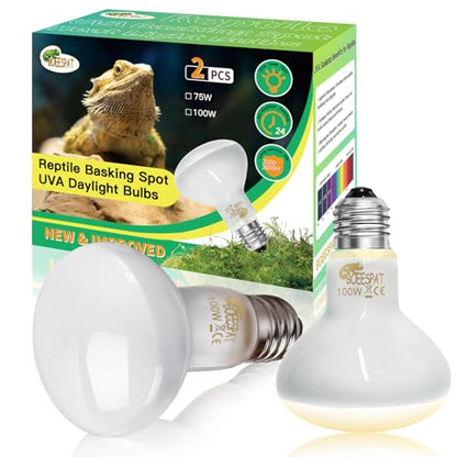 Pack of 2 Reptile Basking Light Bulbs - Incandescent 100W Simulated Sunlight UVA Heat Bulbs for Bearded Dragons, Geckos, Iguanas, Lizards, Amphibians & Small Pets - color: Uva Bulbs (2pcs), size: 100W