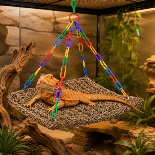 Reptile Hammock Lizard 、Parrot Basking Platform, Size S | Aquarium Grass Woven, Rainbow Chain Hammock, Bird Perch Swing Toy, Climbing Ladder for Bearded Dragon Gecko Chameleon - size: S
