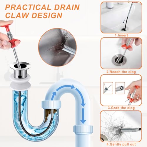 Drain Snake for Hair Clogs - Flexible Snake Cleaner Tool for Shower, Sink, Tub & Bathtub Drain Clog Remover, with Steel Core (6)