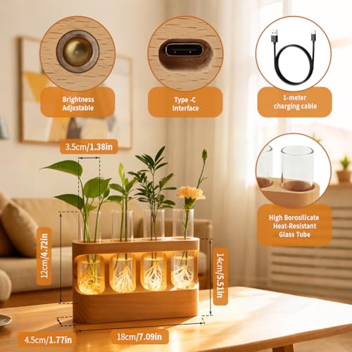 Rechargeable Plant Propagation Station with Wooden Stand,Desktop Terrarium Home Decor Dimmable LED Light 4 Glass Tubes Vases for Hydroponic Plants for Women