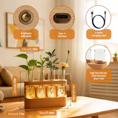 Rechargeable Plant Propagation Station with Wooden Stand,Desktop Terrarium Home Decor Dimmable LED Light 4 Glass Tubes Vases for Hydroponic Plants for Women