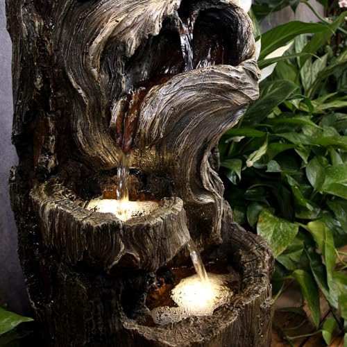 YZM Outdoor Floor Cascading Waterfall Tree Trunk Water Fountain 33.46" H | Patio Porch Backyard Garden Fountain with LED Lights Pump 3 Tiers Water Feature - color: Tree Trunk Brown