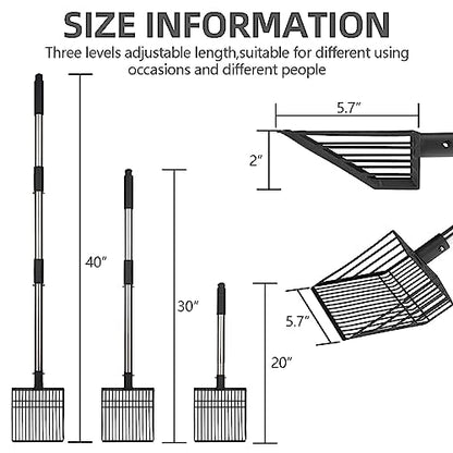 PUPTECK Metal Cat Litter Scoop Adjustable Long Handle Stainless Steel | Fast Sifting Chicken Poop Scooper Coop Accessories, Heavy Duty & Non-Stick Kitty Litter Sifter with Deep Shovel - size: 20"-40"(Adjustable with snap buttons)
