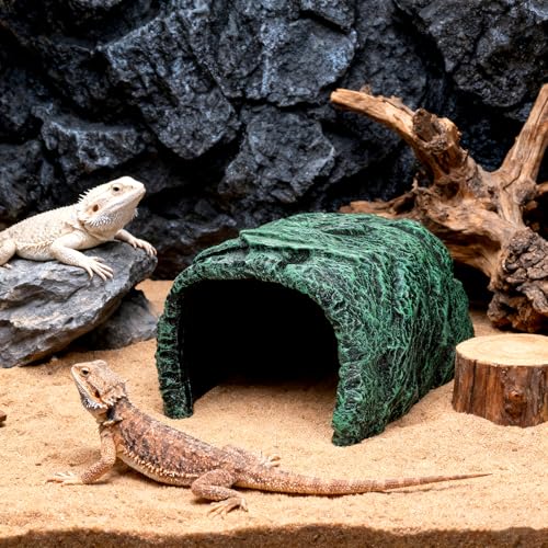 Cididu Reptile Hide Rock Cave, Resin Habitat Hidden for Terrarium and Aquarium Decor, Green Hideout Hide Cave Fit for Bearded Dragons, Lizards, Snakes, Geckos, Tortoises, Small Animals, Amphibians