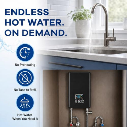 Tankless Electric Water Heater, 240V 6500W On-Demand Instant Hot Water Heater with Digital Display & Remote Control, Point-of-Use Under Sink for Kitchen, Laundry, RV, Bathroom - color: Black