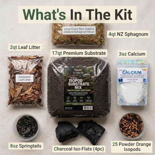 Tree Frog Bioactive Kit - 17qt Premium Bioactive Substrate + 2qt Leaf Litter + 4qt Sphagnum + Charcoal Iso-Flats Hide + 3oz Calcium + 25 Powder Orange Isopods + 8oz Tropical Springtails