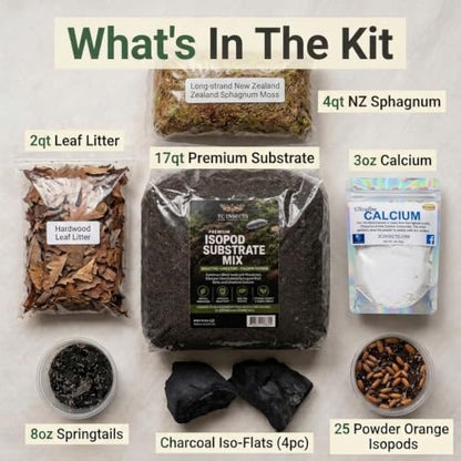Tree Frog Bioactive Kit - 17qt Premium Bioactive Substrate + 2qt Leaf Litter + 4qt Sphagnum + Charcoal Iso-Flats Hide + 3oz Calcium + 25 Powder Orange Isopods + 8oz Tropical Springtails