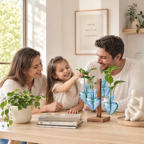 Plant Terrarium Propagation Stations: Blue Vase with Wooden Stand | 4 Irised Crystal Glass, Heart Shaped, Home Table Decor, Birthday Gifts for Plant Lovers Women Mom Wife - color: Blue