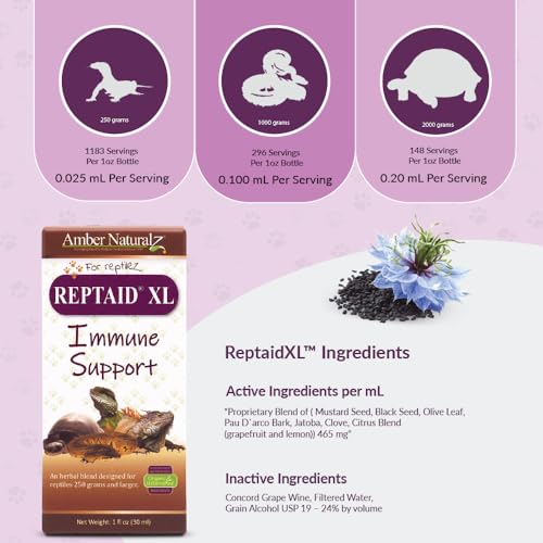 AMBER NATURALZ Reptaid XL for Reptiles 250g+, Immune & Respiratory, 1 OZ | Supports immune & upper respiratory function, eye & mouth health, appetite & vitality. Formulated for pets 250g & over. - size: Over 250 grams