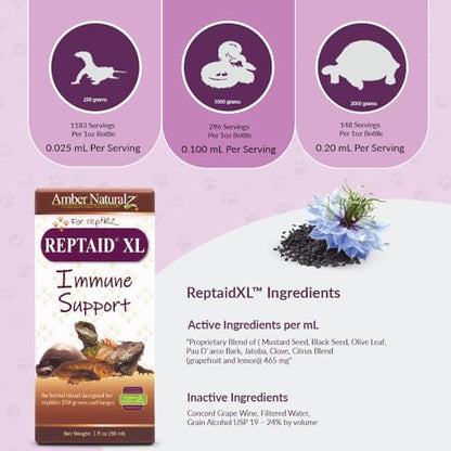 AMBER NATURALZ Reptaid XL for Reptiles 250g+, Immune & Respiratory, 1 OZ | Supports immune & upper respiratory function, eye & mouth health, appetite & vitality. Formulated for pets 250g & over. - size: Over 250 grams