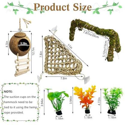6 PCS Hermit Crab Accessories Large Bendable Moss Hermit Crab Climbing Toys Coconut Shell Hut with Ladder Climbing Hammock with Suction Cup Plants for Reptile Amphibian