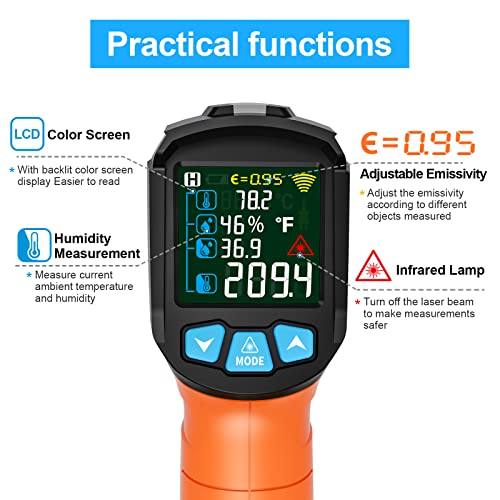 Infrared Thermometer Gun, Non Contact Digital Laser Thermometer Temperature Gun with Color LCD for Cooking, Home Repairs, Humidity Measurement, Adjustable Emissivity -58°F to 1472°F(-50~800°C) - color: Orange -58℉~1472℉(-50℃~800℃)