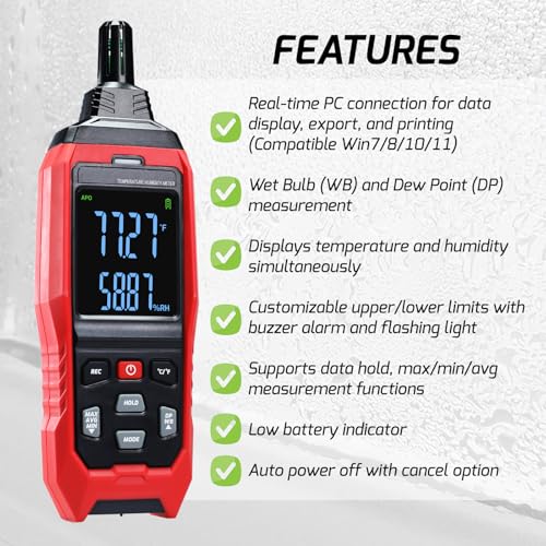 Humidity and Temperature Meter Data Logger Digital Psychrometer HVAC, Wet Bulb Thermometer Record 4000pcs Data and Export, Large LCD Humidity Tester Dew Point Meter with Indicator and Buzzer Alarm