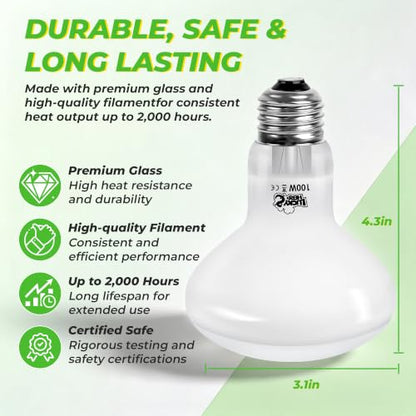 LUCKY HERP Reptile Heat Lamp Bulbs 100W, UVA Daylight Basking Bulbs 2 Pack | Fast Heating, Simulates Natural Sunlight, Ideal for Bearded Dragons Geckos Lizards Turtles Chameleons Amphibians & Chickens - size: 100