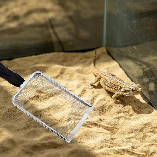 Stainless Steel Fine Mesh Litter Shovel, Reptile Cleaner Scooper | Metal Non-Slip Black Handle Sifter for Lizard Substrate, Reptile Terrarium Sand & Waste