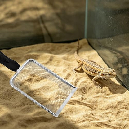 Stainless Steel Fine Mesh Litter Shovel, Reptile Cleaner Scooper | Metal Non-Slip Black Handle Sifter for Lizard Substrate, Reptile Terrarium Sand & Waste