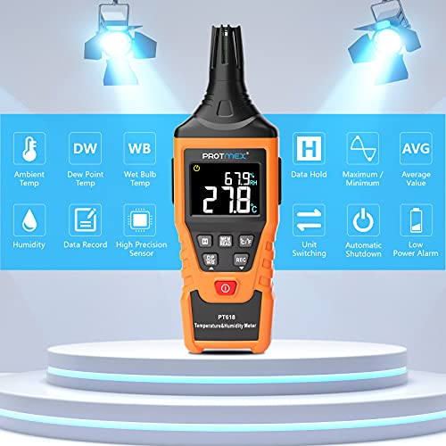 PT618 Temperature Humidity Meter - Wet Bulb for Indoor/Outdoor | Thermometer Hygrometer Monitor with Ambient, Dew Point, MIN, MAX, Data Hold, LCD Backlight - size: PT618