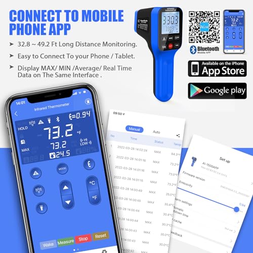 Pyrometer AI-1600APP, -58℉~2912℉ High Temp Thermometer Gun D:S=30:1 Dual Laser Industrial ir Thermometer Gun w/Touch Buttons, Rechargeable Can be Connected to Phone APP (NOT for Human Temp)