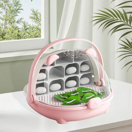 Silkworm Breeding Box Portable Reptile Habitat Feeding Container Hatching Cage with Divided Rearing Zone Easy to Clean Suitable for, Pink - color: pink
