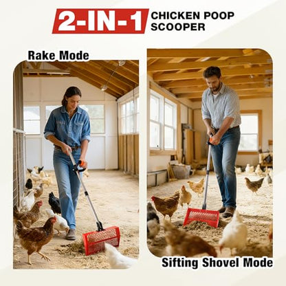 Chicken Poop Scooper, 2-in-1 Metal Chicken coop Scoop | 35 to 76" Adjustable aluminum alloy Handle for Sand & Rake, Litter Scooper Sand Sifting Shovel Chicken Coops/Animals House