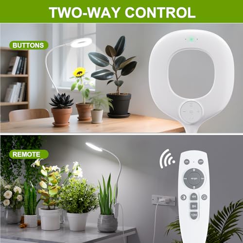 Clip On Full Spectrum LED Grow Light for Indoor Plants | Remote Control, 4/8/12H Auto Timer, 3 Lighting Modes, 10 Brightness Levels, Adjustable Gooseneck, For Small Plants