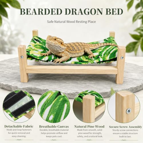 Bearded Dragon Bed,Wooden Reptile Hammock, Leopard Gecko&Bearded Dragon Tank Accessories, Hermit Crab &Crested Gecko Accessories (Large)