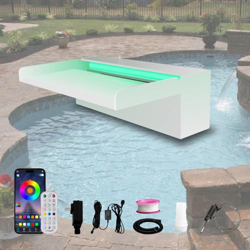 Pamopamo Pond Waterfall Spillway, APP Control Multi-Color LED Light Outdoor Pool Fountain, Acrylic Water Spillway Koi Fountains Kit for Garden Patio Swimming Pool Decoration - 11.8"x7.8"x3.9" - color: White, size: 11.8" Acrylic Waterfall