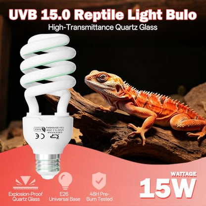 UVB Light for Reptiles 15.0: 26W UVA UVB Reptile Light Bulb for Intense Desert Species - Reptile UVB Light Terrarium Compact Fluorescent Lamp for Reptile and Amphibian with Free UV Sensor Card - size: 6.5INCH-15.0