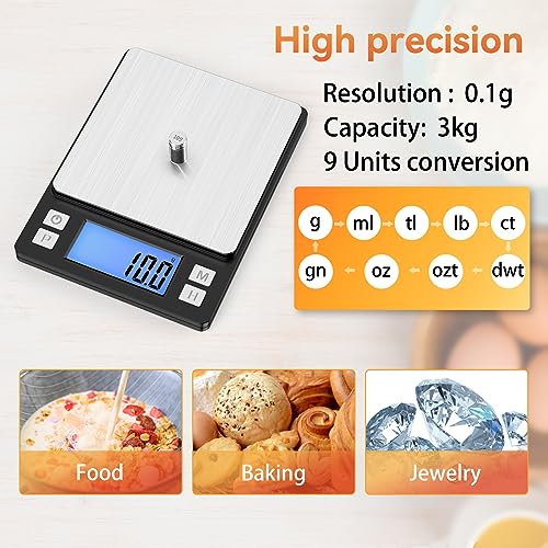 BOMATA Upgraded Small Food Scale with 0.1 g/0.001 oz High Precision | 3000 g/6.6 lb, New Hold Function, Larger Display, USB Rechargeable, Digital Kitchen Scale for Small Item, Jewelry. Black - size: 0.1g/3kg Black