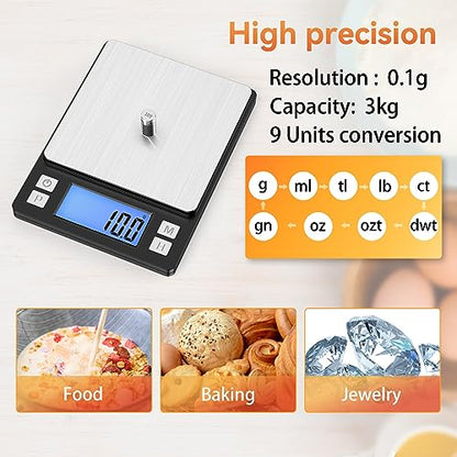 BOMATA Upgraded Small Food Scale with 0.1 g/0.001 oz High Precision | 3000 g/6.6 lb, New Hold Function, Larger Display, USB Rechargeable, Digital Kitchen Scale for Small Item, Jewelry. Black - size: 0.1g/3kg Black