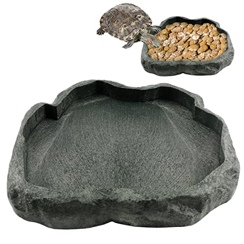 Reptile Water Dish Bowl Resin Rock Reptile Food and Water Feeder Pet Aquarium Ornament Terrarium Plate for Tortoise Lizard (Drak Green Large)