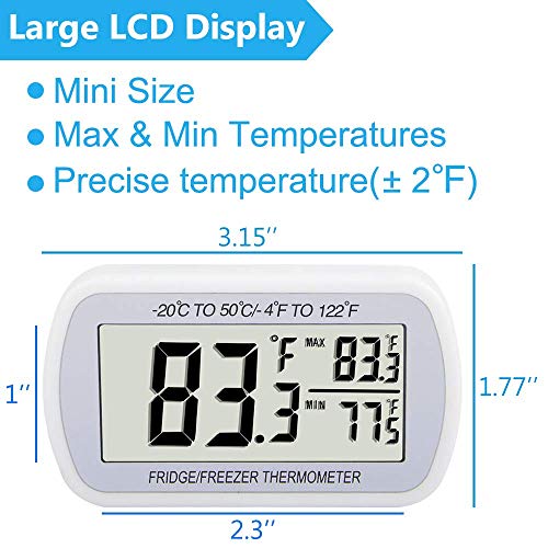 4 Pack Digital Refrigerator Thermometer Fridge Freezer Room Thermometer Waterproof Large LCD Display Max/Min Record Function, White