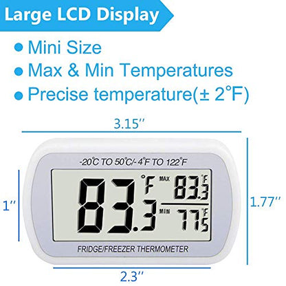 4 Pack Digital Refrigerator Thermometer Fridge Freezer Room Thermometer Waterproof Large LCD Display Max/Min Record Function, White