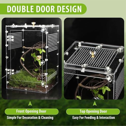 Reptile Enclosure 10 Gallon for Crested Gecko, Lizard, Bearded Dragon, Snakes，Frogs, Large Spiders, Acrylic Reptile Tank Feeding Terrarium with Front & Top Opening Doors and Vent Holes - 12"*12"*18" - size: X Large-18''x12''x12''