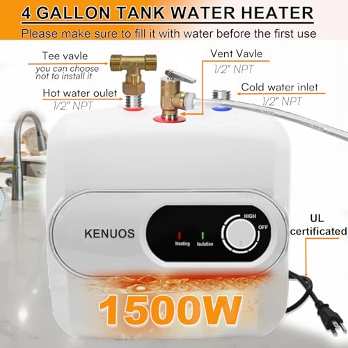 4 Gallon Water Heater Under Sink Instant Hot Water Heaters 1500W 110V 120V Mini Tank,Under Counter Water Heater with Safety Vavle 1/2" NPT for Kitchen,Bathroom,Camper,RV,White - color: White