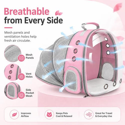 Expandable Cat Carrier Backpack with Bubble Window, Pink | Breathable mesh, anti-collapse frame, side door, safety leash and escape-resistant zippers for vet visits and outdoor travel. - color: Pink