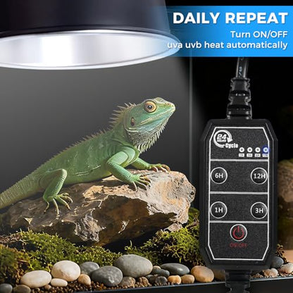 Timer Reptile Deep Dome Light Fixture - 1H/3H/6H/12H Auto On/Off - 5.5 Inch Ceramic Socket Lamp Holder for Heat & UVA UVB Bulbs - Bearded Dragons, Geckos, Turtles - Terrarium Lighting