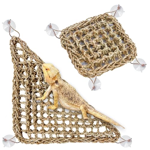 PIVBY Bearded Dragon Hammock（11.02" x 7.87", 2 PC） Reptile Lounger Climbing Toys Seagrass Fiber Habitat Tank Accessories for Chameleon, Lizards, Geckos, Snakes, Lguana, Amphibian Reptiles Habitats - size: 2 PCS