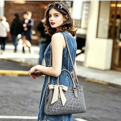 3 Compartment Satchel Purse Top Hnadle Bags Hobo Handbag for Women | Multi Compartment,Medium,Leopard Print Faux Fur,Detachable Shoulder Crossbody Strap,Work Office Daily,High elasticity base - color: Gray Leopard