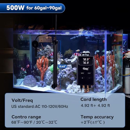 hygger Aquarium Heater,Submersible Fish Tank Heater with External Digital Display, Including Overheat & Leakage Protection and Temperature Sensor for Freshwater and Saltwater (500W for 60gal~90gal) - size: 500W for 60gal~90gal