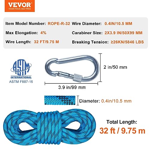 VEVOR Static Climbing Rope, 32 ft Outdoor Rock Climbing Rope with 26KN Breaking Tension, 0.4'' /10 mm High Strength Safety Rope, Escape Rope with 2pcs Carabiner and Storage Bag - size: 32 ft