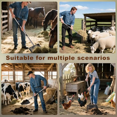 Metal Chicken Poop Scooper & Rake Scoop 10" Metal Chicken Coop Rake | Assistanted Handle Grip Heavy Duty Scoop Tool Adjustable Long Handle Adjustable (36 to 62") for Farm Animals Clean Tool
