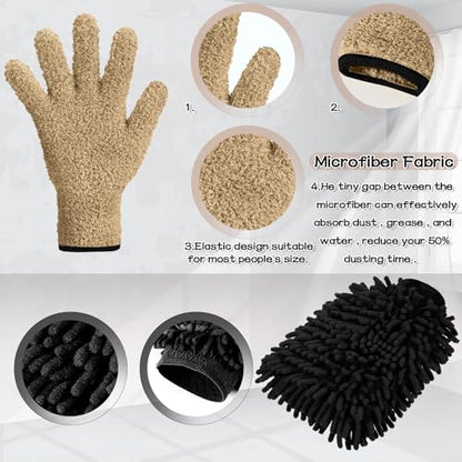 Potchen 6 Pcs Microfiber Dusting Mitt Gloves for Plants Washable Dusting Gloves for House Cleaning Furniture Car Washing - color: Camel,brown,black