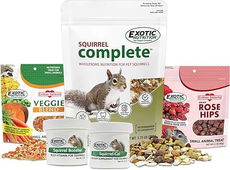 Exotic Nutrition Squirrel Food Starter Package - Includes Nutritionally Complete Diet, Natural Treats & Healthy Vitamin Supplements - for Grey Squirrels, Ground Squirrel, Chipmunks, Flying Squirrels