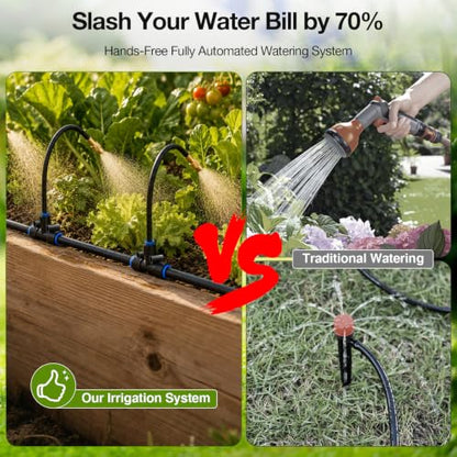 Pro-Series Drip Irrigation System, 200FT 1/4" Garden Watering System with 32pcs 360° Bendable Copper Nozzles, Leak-Free Quick-Connect Misting Sprinkler Kit for Patio, Raised Beds, Yard, Greenhouse - size: 200FT