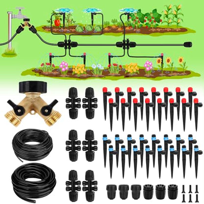 250FT Drip Irrigation System for Garden - 50FT 1/2" Main Tube & 200FT 1/4" Branch Tubing, Brass Splitter, Quick Connect Design, Perfect for Outdoor Plants, Raised Beds, Greenhouses - size: 250 FT