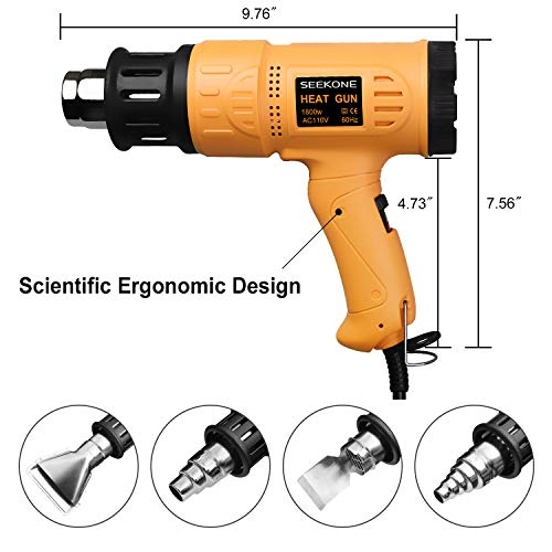 SEEKONE 1800W Heat Gun Variable Temp 122℉-1202℉ for Crafts, Shrink Wrap | Fast Heating 122℉-1202℉, Dual Airflow, Overheat Protection, 4 Nozzles for Shrink Tubing, Paint Removal and 3D Printing